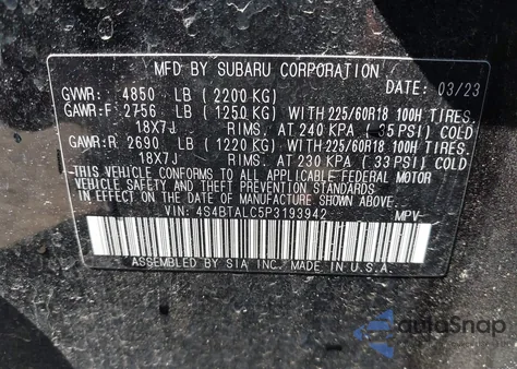 2023 Subaru Outback Onyx Edition из США, поврежденный, VIN 4S4BTALC5P3193942